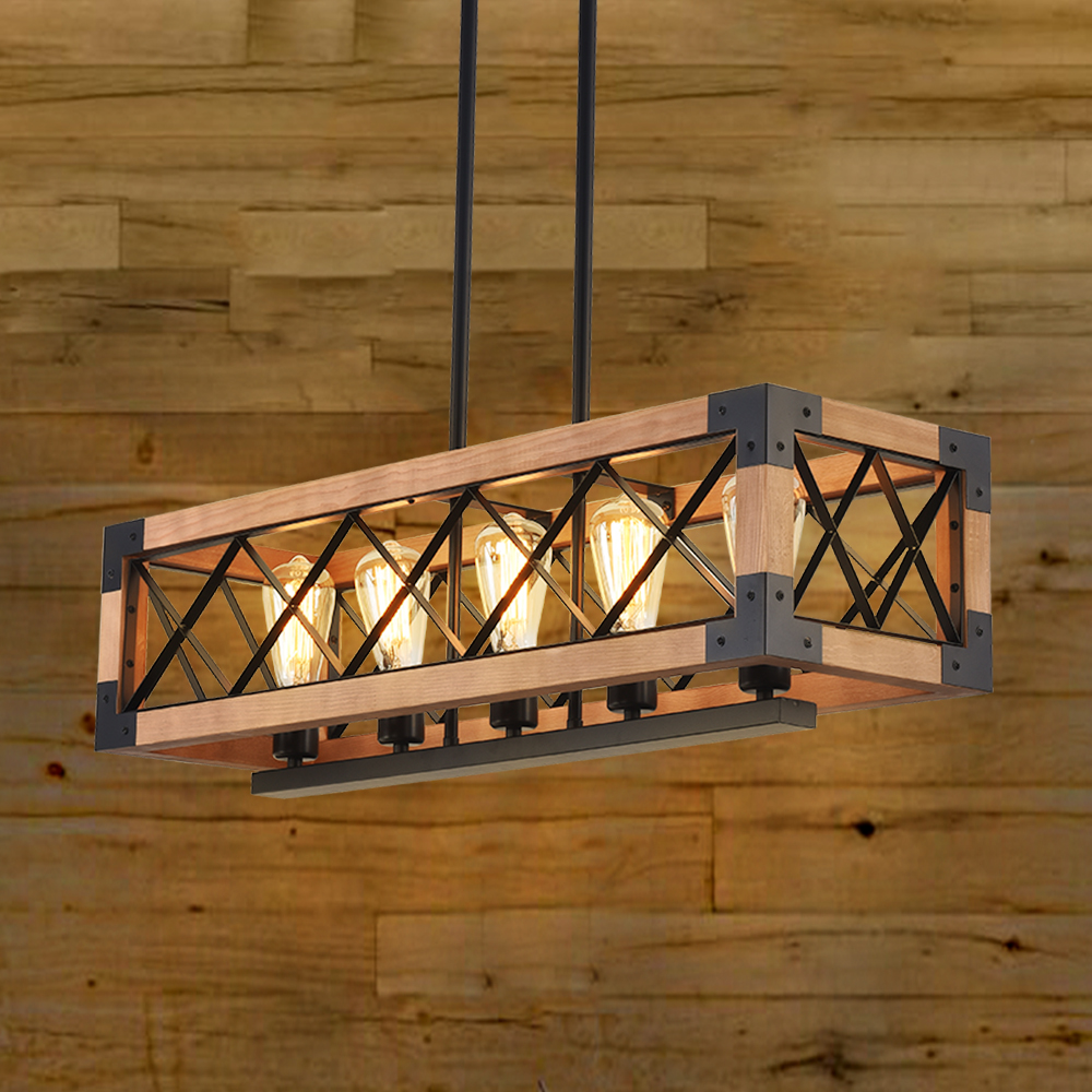 Modern Farmhouse Style Linear Wooden Chandelier 5-Light Rectangle Chandelier for Dining Table  Kitchen Island