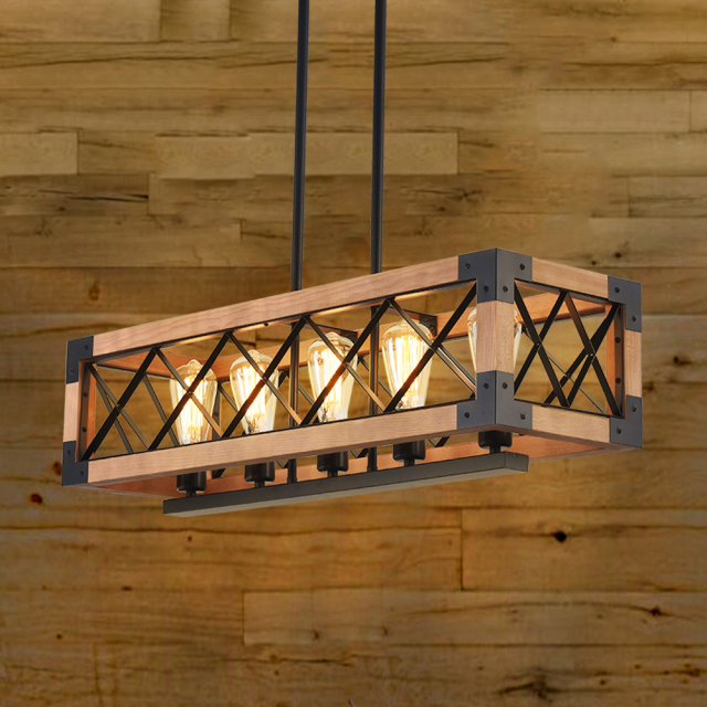 Linear Wooden Chandelier 5-Light Rectangle Chandelier for Kitchen Lighting Modern Farmhouse Style