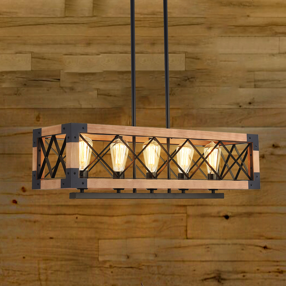 Modern Farmhouse Style Linear Wooden Chandelier 5-Light Rectangle Chandelier for Dining Table  Kitchen Island