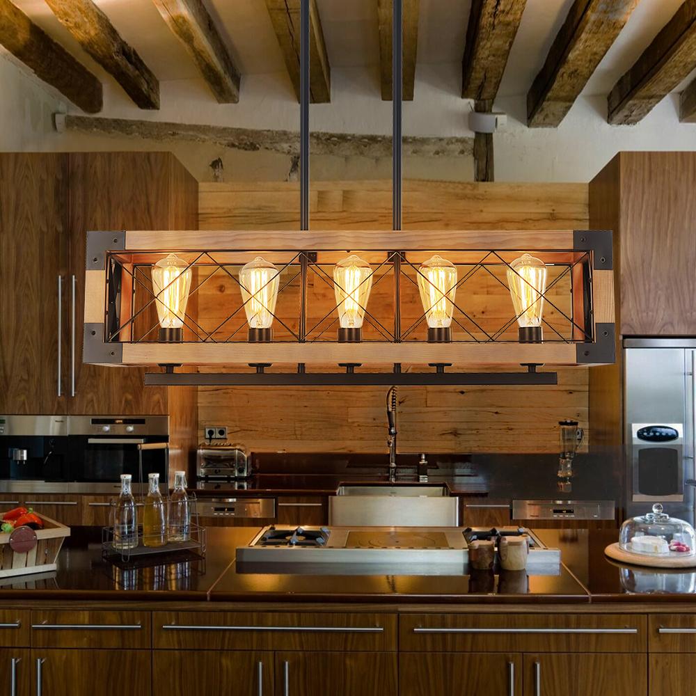 Modern Farmhouse Style Linear Wooden Chandelier 5-Light Rectangle Chandelier for Dining Table  Kitchen Island