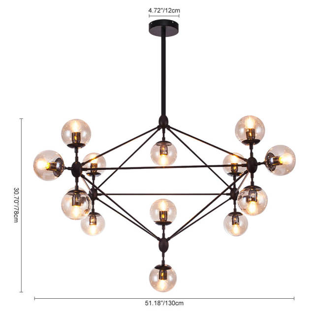 Modern Design Modo Chandelier in Black with Mouth Transparent Glass, 4 Sides 15 Globes for Bedroom Living Room