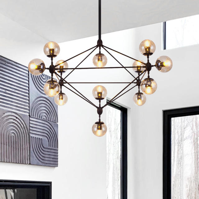 Modern Design Modo Chandelier in Black with Mouth Transparent Glass, 4 Sides 15 Globes for Bedroom Living Room