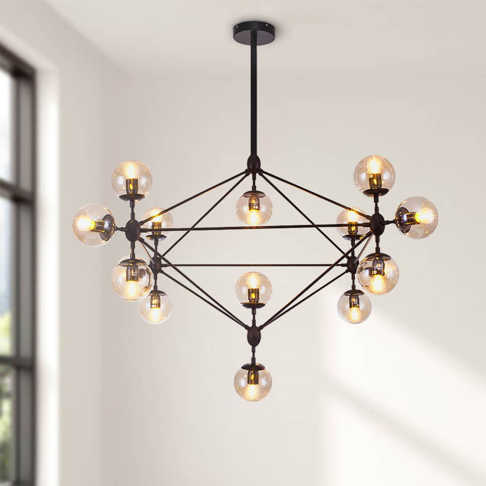 Modern Design Modo Chandelier in Black with Mouth Transparent Glass, 4 Sides 15 Globes for Bedroom Living Room