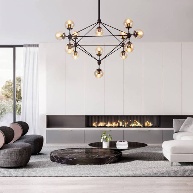 Modern Design Modo Chandelier in Black with Mouth Transparent Glass, 4 Sides 15 Globes for Bedroom Living Room