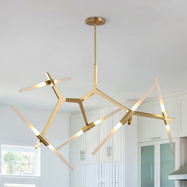 Modern Mid-Century 10 Light Brass Branch Asymmetric Modern Chandelier For Living Room Dining Room