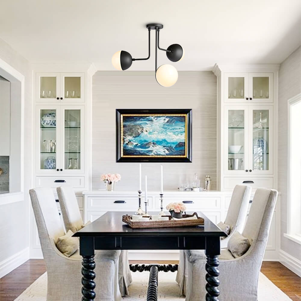 Modern Mid-century 3-Light Curved Arms Semi Flush Mount with Opal Globes for Living /Dining Room /Bedroom