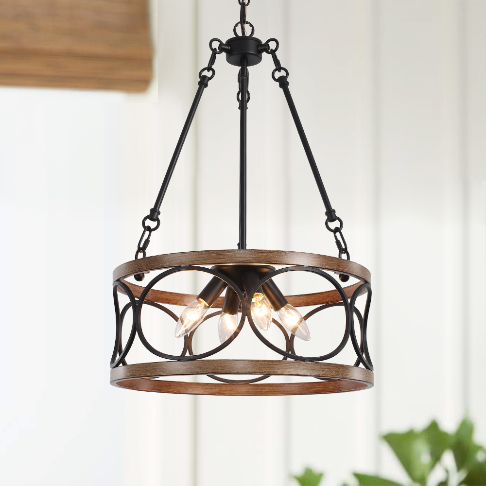 4 Light Modern Black and Wood Farmhouse Drum Pendant Chandelier for
