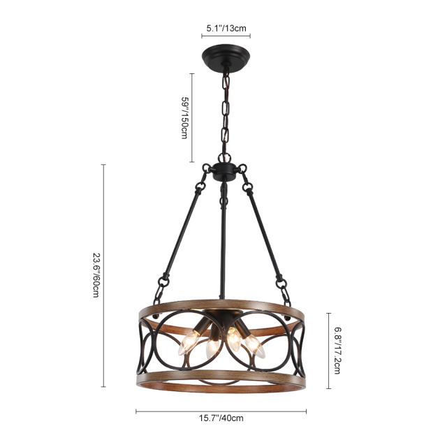 4-Light Modern Black and Wood Farmhouse Drum Pendant Chandelier for Dining Room/Kitchen/Living Room