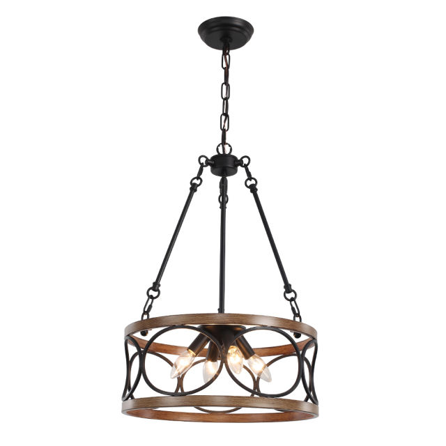 4-Light Modern Black and Wood Farmhouse Drum Pendant Chandelier for Dining Room/Kitchen/Living Room