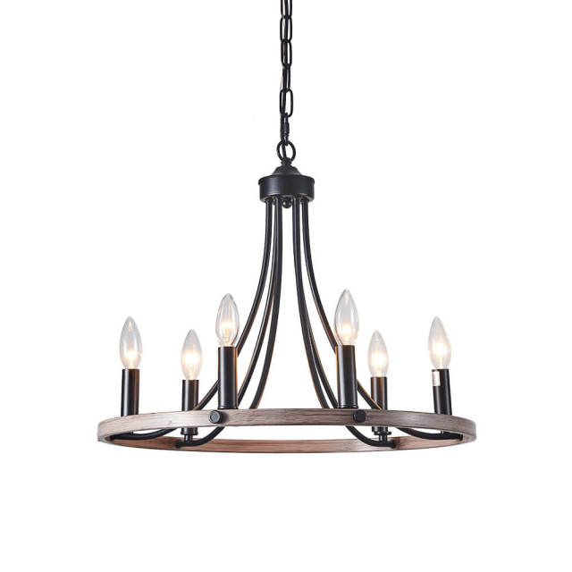 Modern Farmhouse Mid-century 6 Lights Wagon Wheel Island Chandelier in Wood Finish for Living Room Kitchen