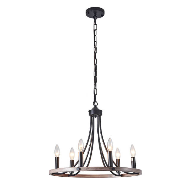 Modern Farmhouse Mid-century 6 Lights Wagon Wheel Island Chandelier in Wood Finish for Living Room Kitchen