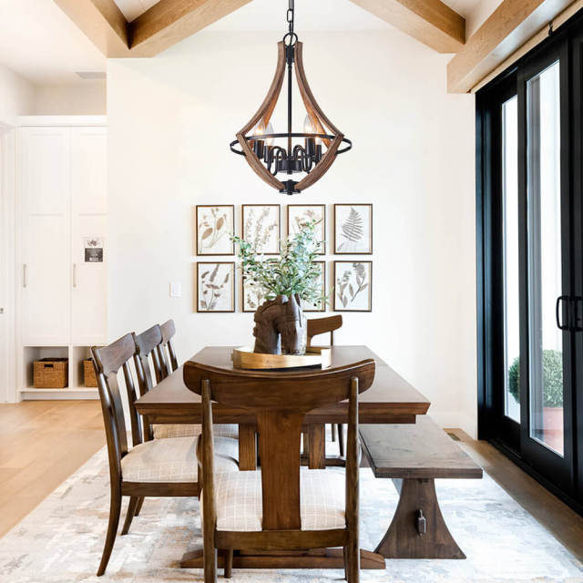 Modern Farmhouse Chandelier in Lantern Wood Finish Hanging Light for Dining Room/ Kitchen/ Living Room