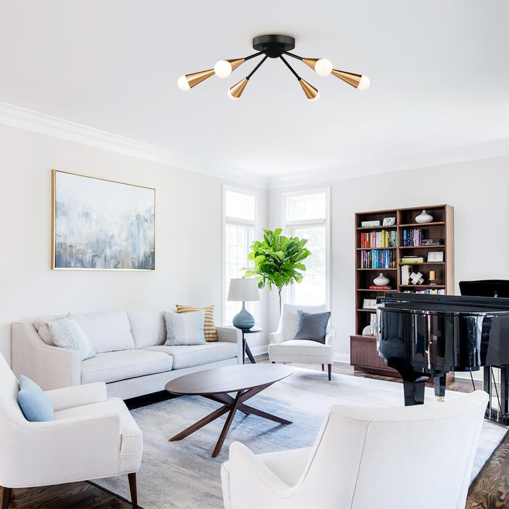 Mid Century Modern Brass Semi Flush Mount Chandelier in Black Finish for Living /Dining Room /Bedroom