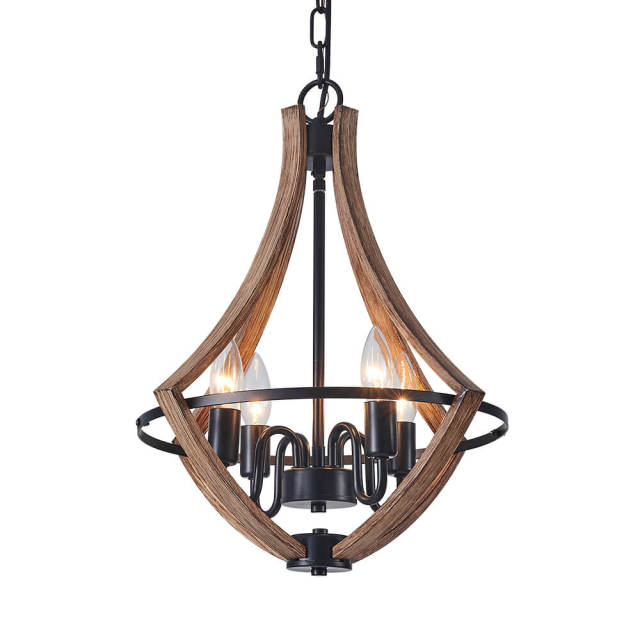 Modern Farmhouse Chandelier in Lantern Wood Finish Hanging Light for Dining Room/ Kitchen/ Living Room