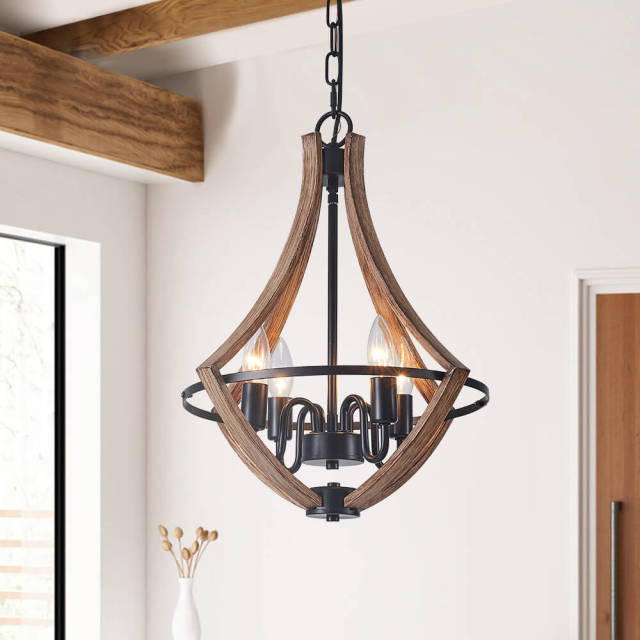 Modern Farmhouse Chandelier in Lantern Wood Finish Hanging Light for Dining Room/ Kitchen/ Living Room