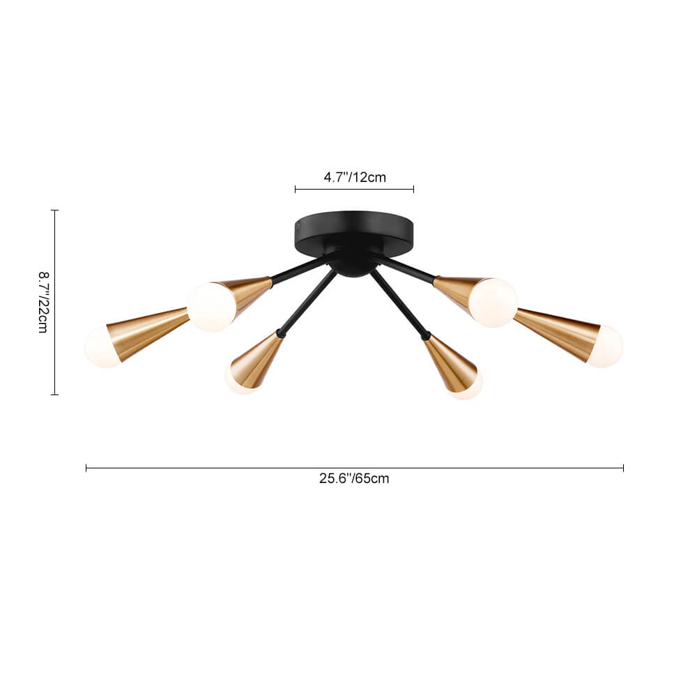 Mid Century Modern Brass Semi Flush Mount Chandelier in Black Finish for Living /Dining Room /Bedroom