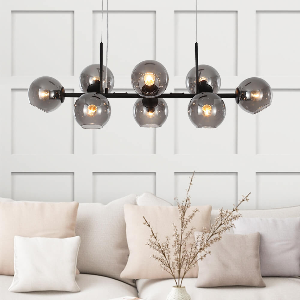 Mid Century Modern 8 Lights Clear/Smokey Glass Bubble Linear Chandelier for Dining Room Living Room