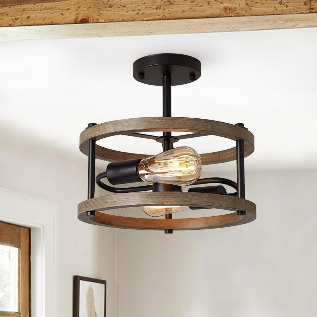 Modern Farmhouse Drum Semi-Flush Mount in Wood Grain Metal Finish for Dining Room/ Living Room/ Hallway