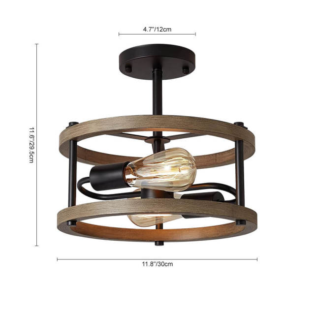 Modern Farmhouse Drum Semi-Flush Mount in Wood Grain Metal Finish for Dining Room/ Living Room/ Hallway