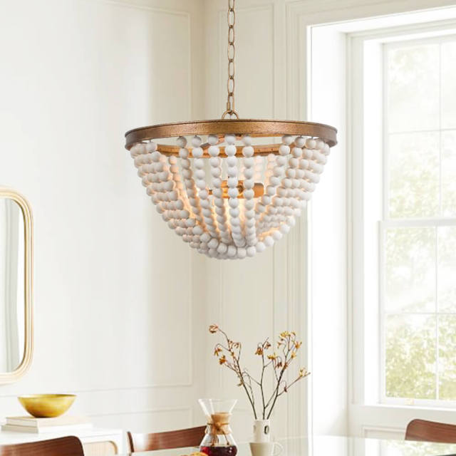 Modern Mid-century Boho Beads Antiqued Brass Chandelier in Bowl Shape for Dining Room/ Living Room/ Bedroom