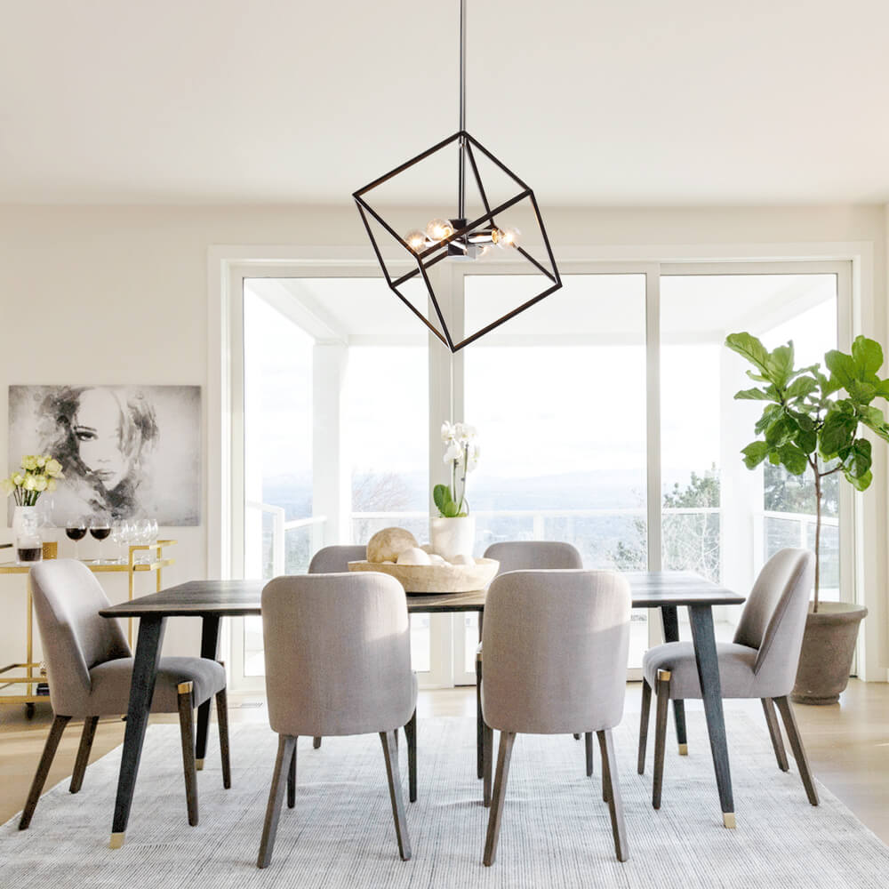 4-Light Modern Minimalist Geometric Pendant Lighting in Black & Chrome Finish for Dining Room/ Living Room/ Gallery