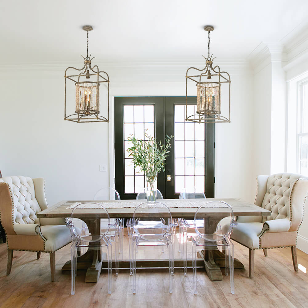 4-Light Modern Farmhouse Industrial Pendant Chandelier with Pearls Design in Antique Bronze finish for Dining Room/ Living Room/ Gallery