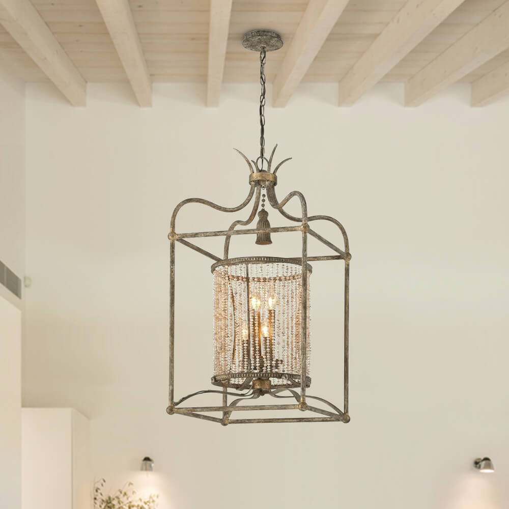4-Light Modern Farmhouse Industrial Pendant Chandelier with Pearls Design in Antique Bronze finish for Dining Room/ Living Room/ Gallery