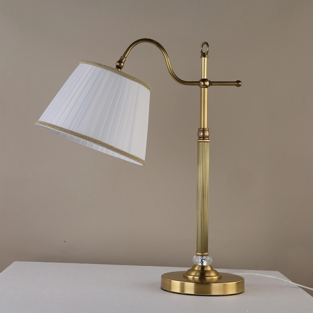 Mid-century Antique Brass Table Lamp Desk Lamp with Fabric Drum Shade for Bedside/ Study Room/ Office