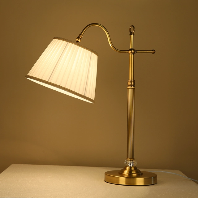 Mid-century Antique Brass Table Lamp Desk Lamp with Fabric Drum Shade for Bedside/ Study Room/ Office