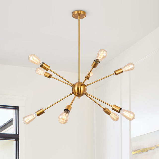 10-Light Mid-Century Modern Sputnik Chandelier in Black/Brass for Living Room/Dining Room/Bedroom