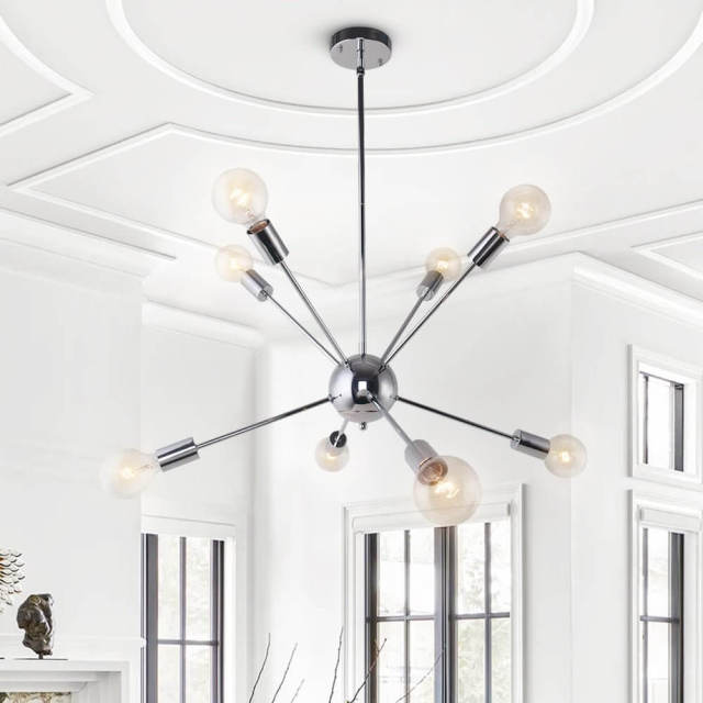 Chrome 8-Light Sputnik Chandelier for Modern Farmhouse Height Adjustable and Sloped Ceiling Compatible