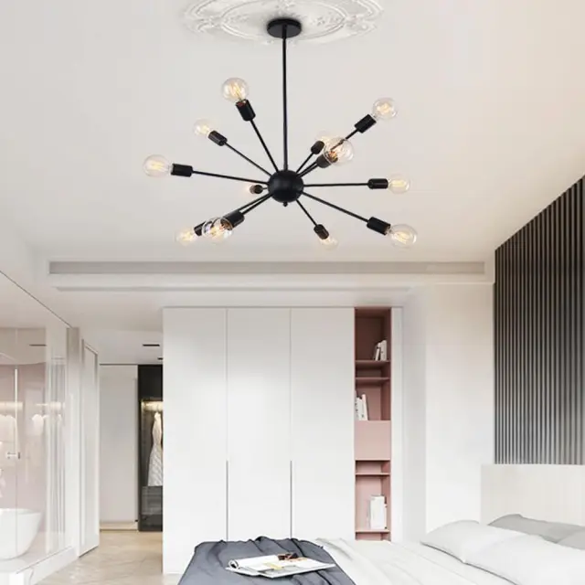 Black 8-Light Sputnik Chandelier Height Adjustable and Sloped Ceiling Compatible for Modern Farmhouse