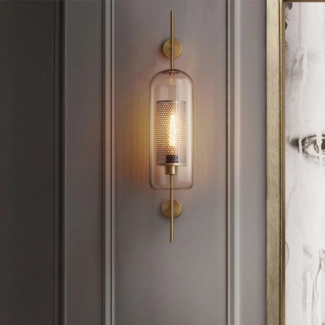 Modern Farmhouse Cylindrical Glass 1-Light Antique Brass Wall Sconce for Hallway Living Room