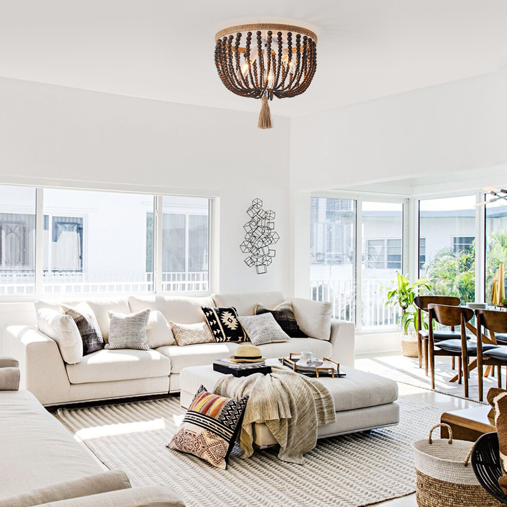 Modern Coastal Wood Beaded Flush Mount Ceiling Light in a Rope Knot Design for Entryway, Bedroom, Kitchen, Living Room
