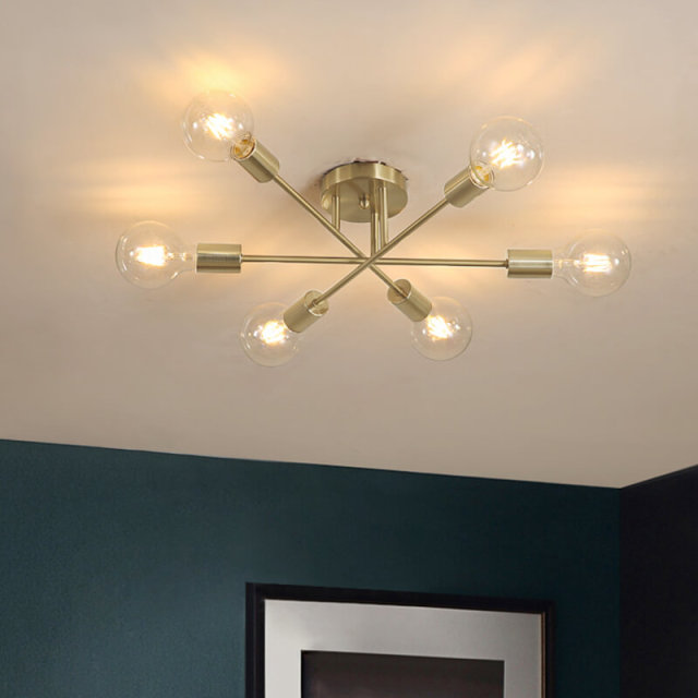 Mid-century Modern 6-Light Metal Radial Sputnik Close to Ceiling Light in Black/Brass for Bedroom Living Room