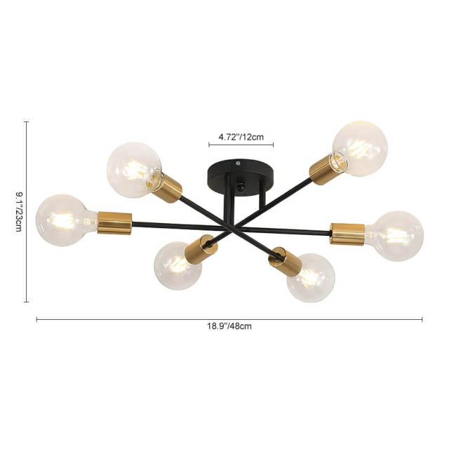 Mid-century Modern 6-Light Metal Radial Sputnik Close to Ceiling Light in Black/Brass for Bedroom Living Room