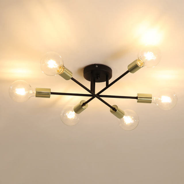 Mid-century Modern 6-Light Metal Radial Sputnik Close to Ceiling Light in Black/Brass for Bedroom Living Room