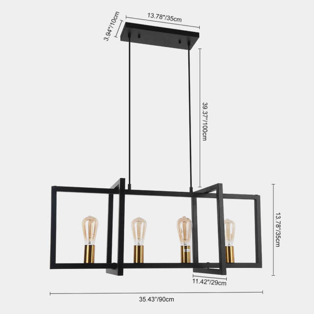 Mid Century Modern 4 Lights Black Rectangle Chandelier For Kitchen Island/Dining Table