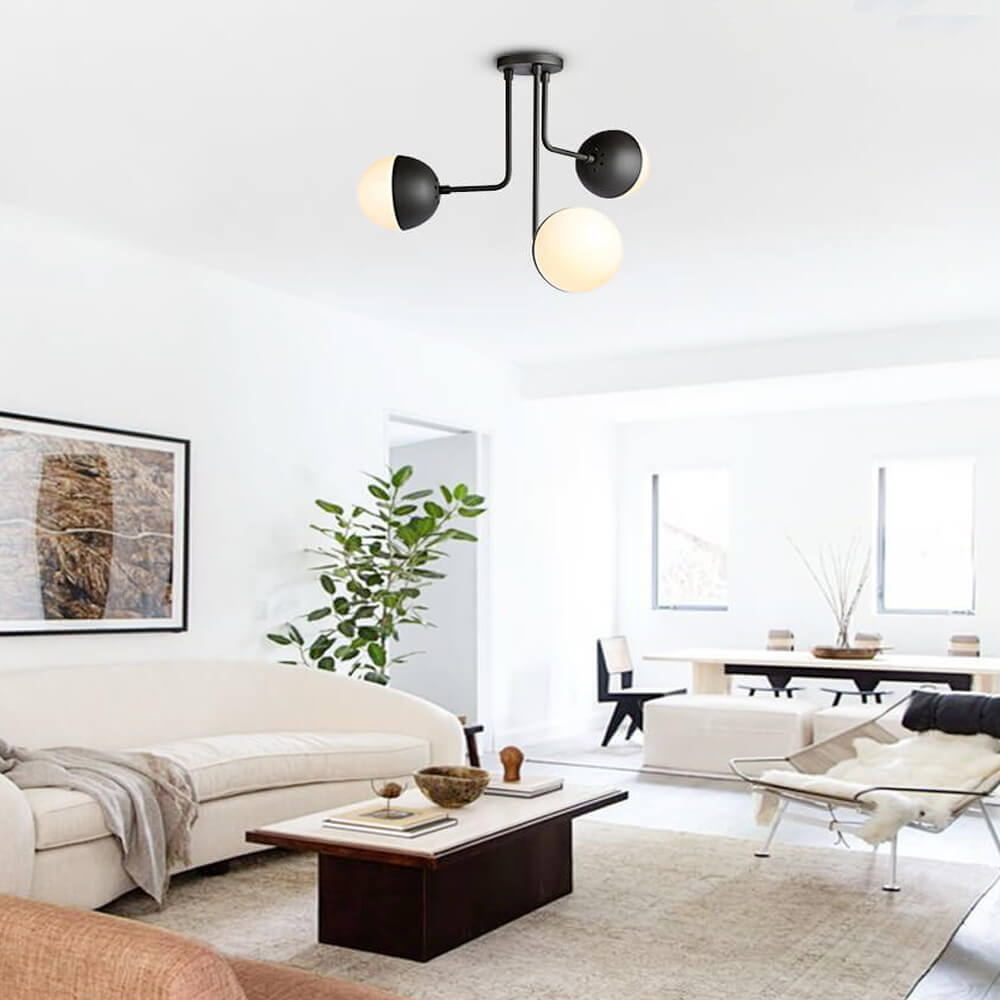 Modern Mid-century 3-Light Curved Arms Semi Flush Mount with Opal Globes for Living /Dining Room /Bedroom