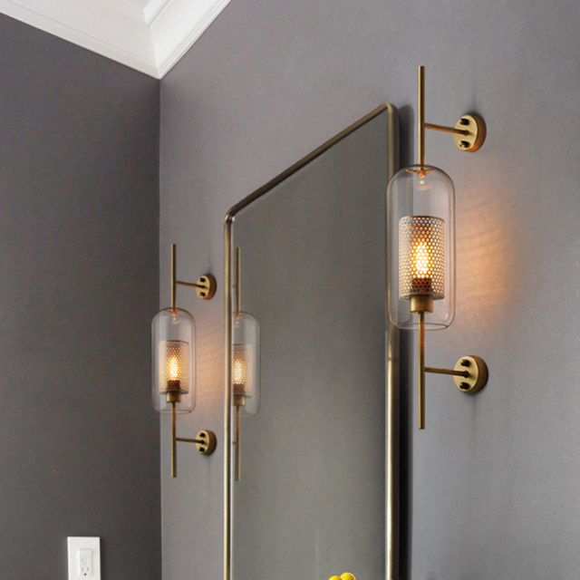 Modern Farmhouse Cylindrical Glass 1-Light Antique Brass Wall Sconce for Hallway Living Room