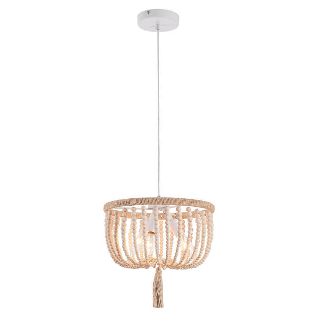 Modern Mid-century Wood Beads Antiqued White+Brown Pendant Lighting for Dining Room/ Living Room/ Bedroom