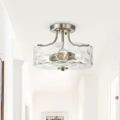 Modern 2-Lights 13.4" Wide Glass Hammer Drum Semi Flush Mount Brushed Nickel Ceiling Light for Kitchen/Hallway/Foyer