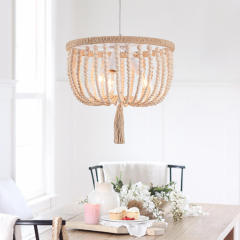 Modern Coastal Wood Beads Antiqued White+Brown Pendant Lighting for Dining Room/ Living Room/ Bedroom