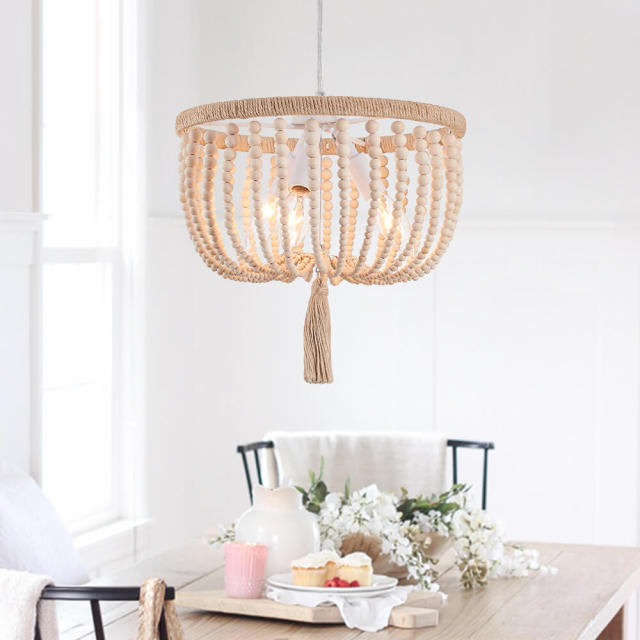 Modern Mid-century Wood Beads Antiqued White+Brown Pendant Lighting for Dining Room/ Living Room/ Bedroom