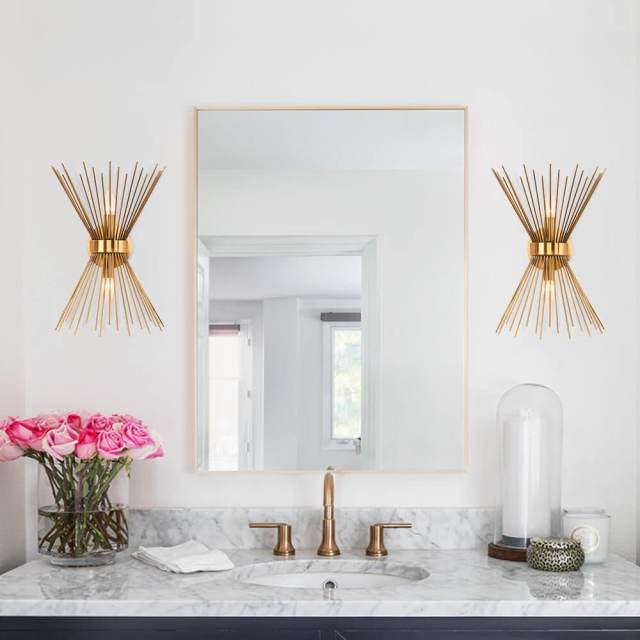 Mid Century Modern Brass 2 Light Sunburst Wall Sconce Up And Down For Bedroom Living Room Sconces - Modern Bath Wall Sconces