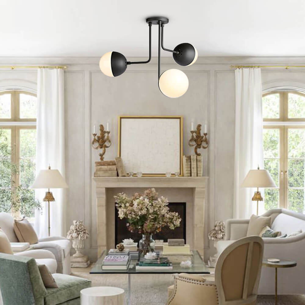 Modern Mid-century 3-Light Curved Arms Semi Flush Mount with Opal Globes for Living /Dining Room /Bedroom