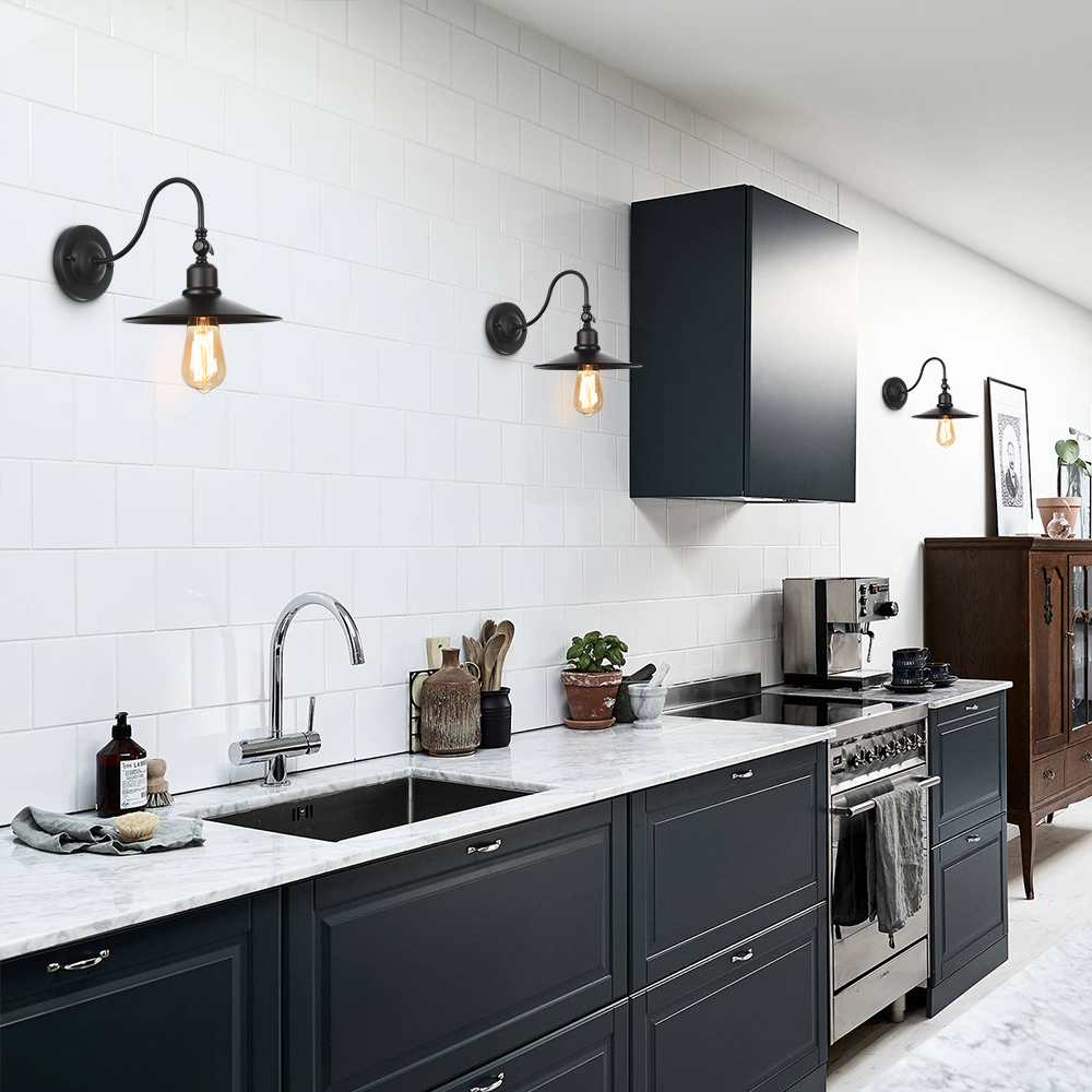Modern Farmhouse Black Outdoor Indoor 1 Light Arm Wall Sconces Conical Wall Lights for Front Door/ Entryway/Living Room