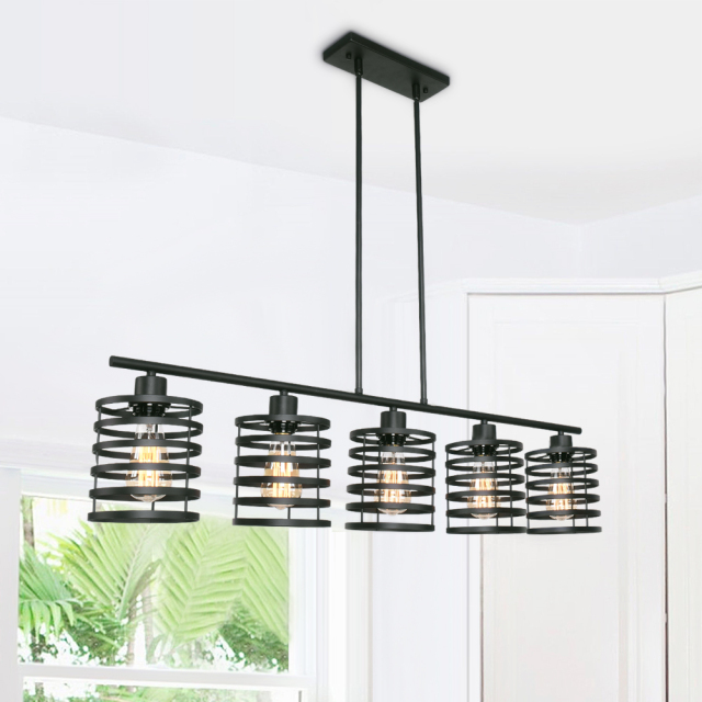 Modern Mid-century Black Linear Island Chandelier Pendant Light in Open-caged Shade for Restaurant/ Living Room/ Bedroom