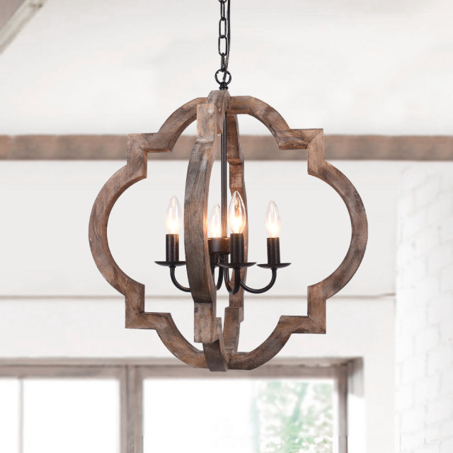 Rustic Vintage Wooden Lantern Pendant Lighting Orb Frame Chandelier for Modern Farmhouse