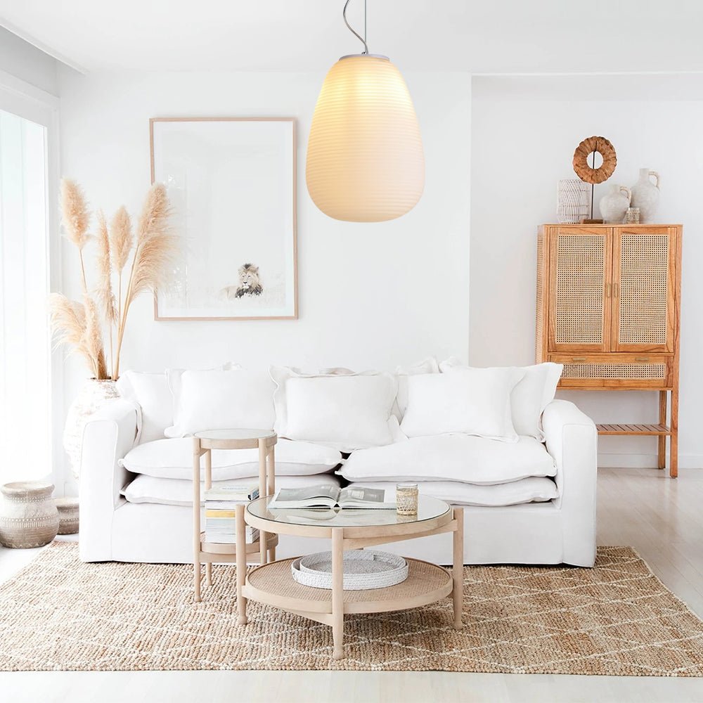 Modern White 1 Light Pendant Light with Ribbed Blown Glass Shade